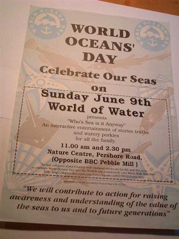 Poster: World of Water invite to free interactive storytelling for all the family. Nature Centre, Birmingham UK. to celebrate 'World Oceans' Day'