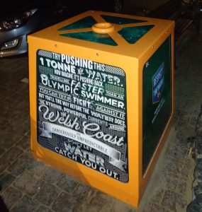 Image of one tonne of seawater in a 1 cu. m container on a Welsh Coast harbourside